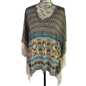 Boston Proper Women's Small Poncho Gorgeous Boho Top Wide Sleeves Tassels sheer